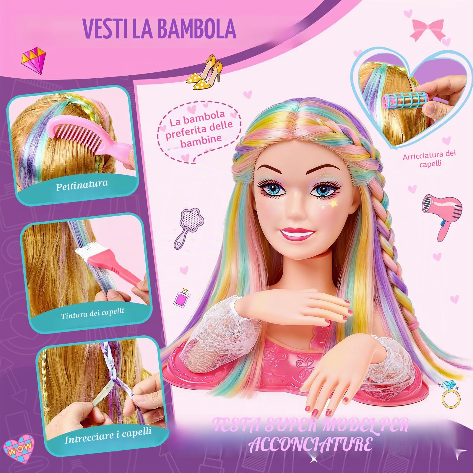 vamei Testa Bambola da Truccare e Pettinare, Set Parrucchiera con Asciugacapelli Smalto Unghie Trucchi e Accessori per Capelli, Giocattoli Salone Giochi Bambini Regalo Bambina 3 4 5 6 7 8 Anni