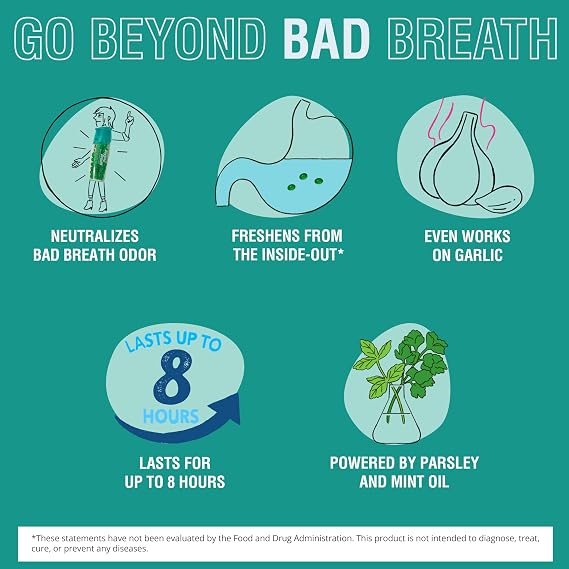 Beyond Breath, Breath Freshening Capsules, Freshens from Source, 50 Count | Easy-to-swallow capsules use parsley and mint oils to neutralize bad breath odor at the source. Works on garlic up to 8 hours