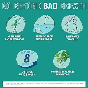 Beyond Breath, Breath Freshening Capsules, Freshens from Source, 50 Count | Easy-to-swallow capsules use parsley and mint oils to neutralize bad breath odor at the source. Works on garlic up to 8 hours