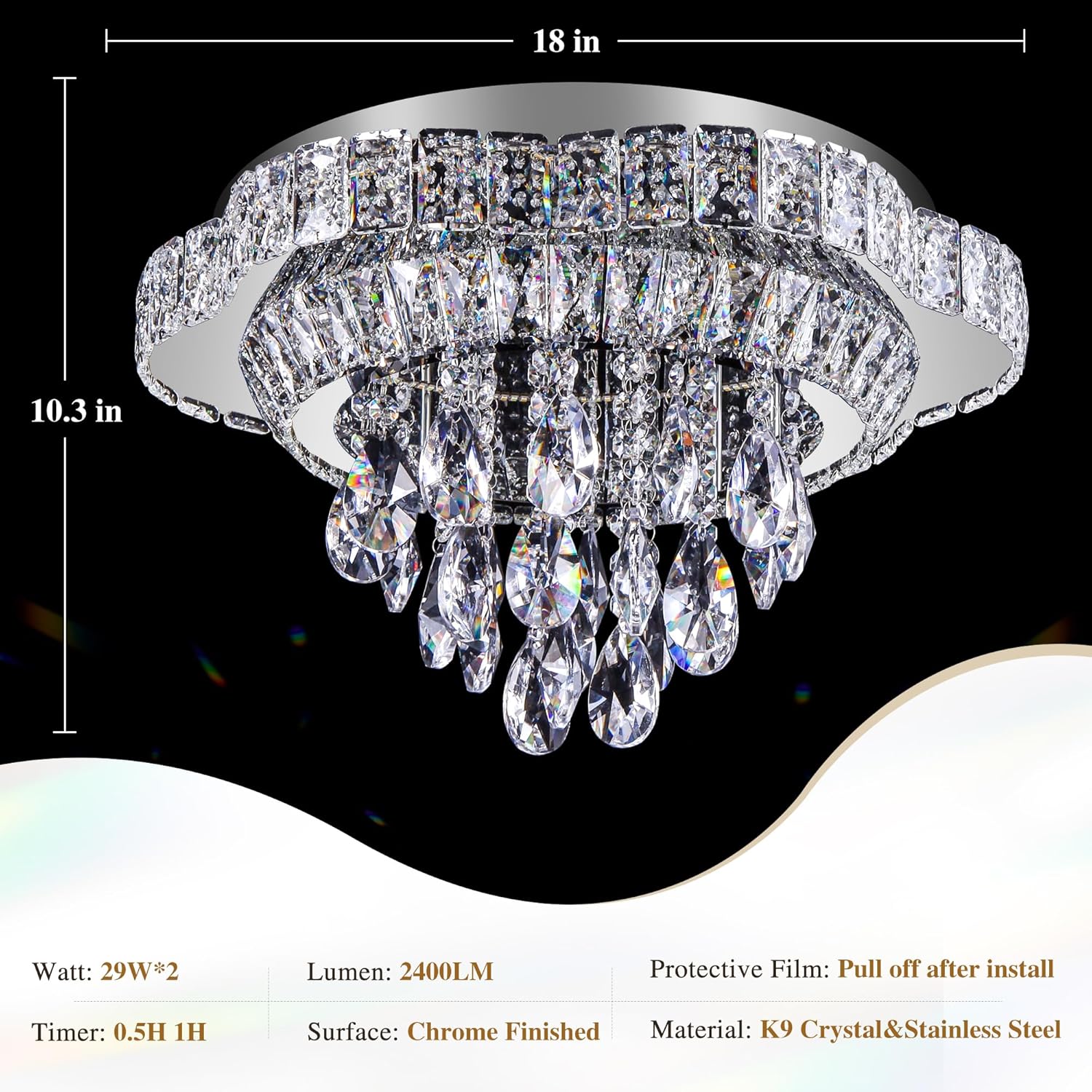 Silver 18" Modern Flush Mount Chandelier for Bedroom, LED Crystal Ceiling Light Over Table,Elegant Dining Room Lighting Fixture with Remote Control, 3CCT Dimmable