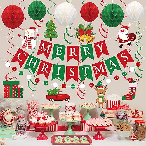 Miniatura 7 de Decoraciones de fiesta de Navidad pre-encordadas rojo verde con bolas de panal de abeja, Papá Noel, muñeco de nieve, árbol de Navidad, remolinos