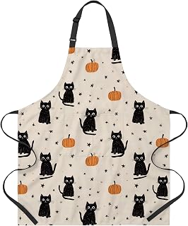 Cute Fall Pumpkin Apron for Women,Autumn Baking Apron for Thanksgiving,Funny Halloween Gifts for Mom Wife,White Adjustable Kitchen Aprons with 2 Pocket Oil and Water Resistant
