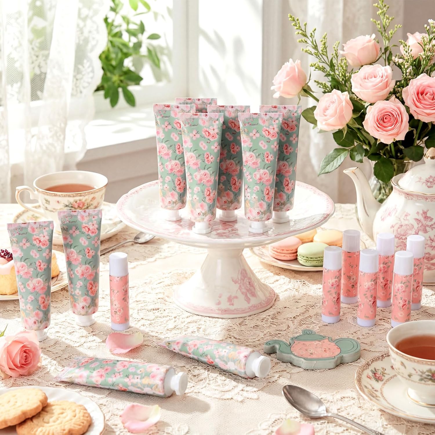 Loopeer 24 Sets / 96 Pcs Tea Party Hand Cream and Lip Balm Gift Flower Spring Party Favors for Guest Floral Flavor Travel Size Hand Lotion and Lip Balm Bulk Wedding Bridal Shower Birthday(Pink Flower)