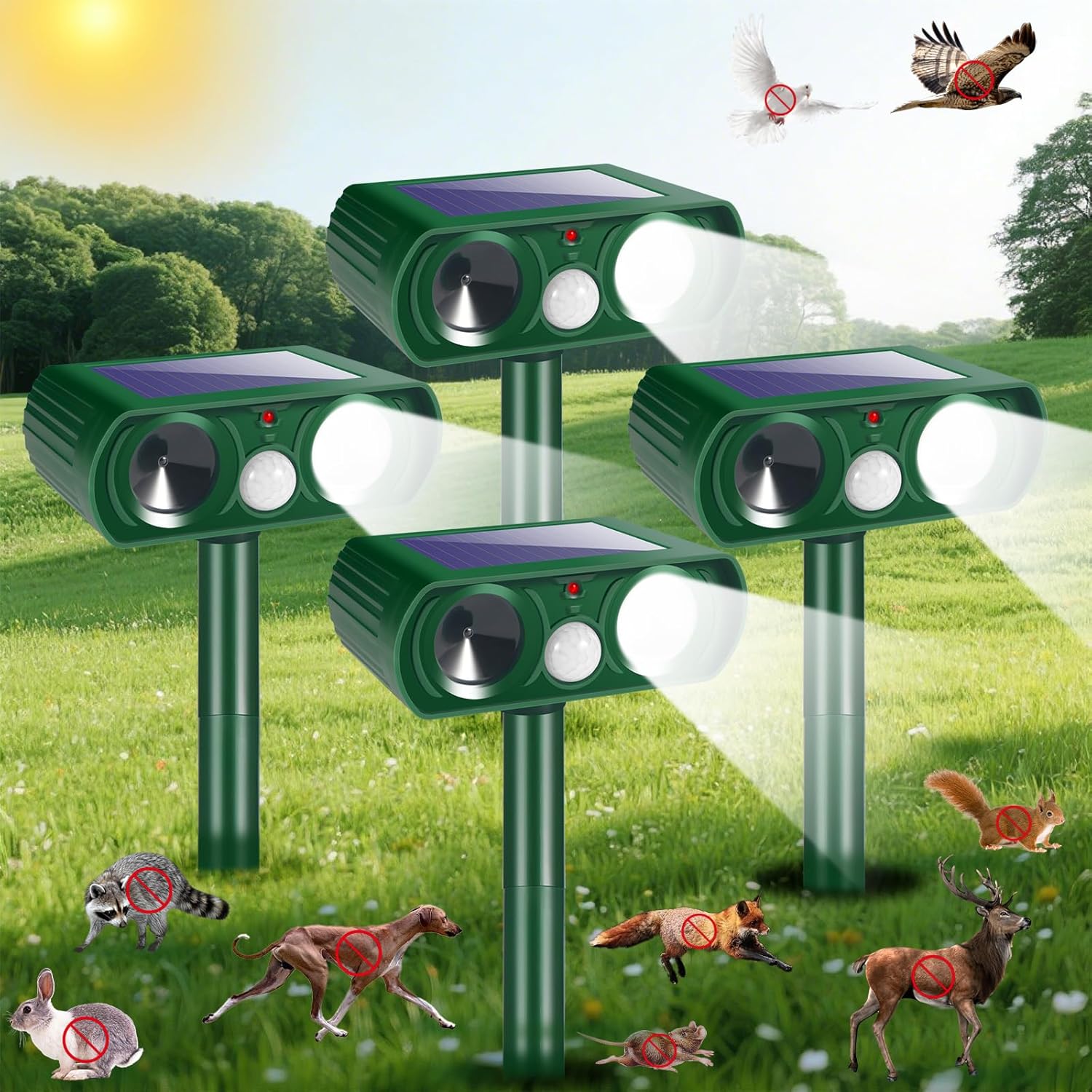 2026 Upgraded Solar Ultrasonic Animal Repellent Outdoor Cat Deterrent Deer Repellent Devices Squirrel Skunk Raccoon Rabbit Dog Deterrent with Motion Sensor Strobe Light for Yard Garden Lawn,4 Pack