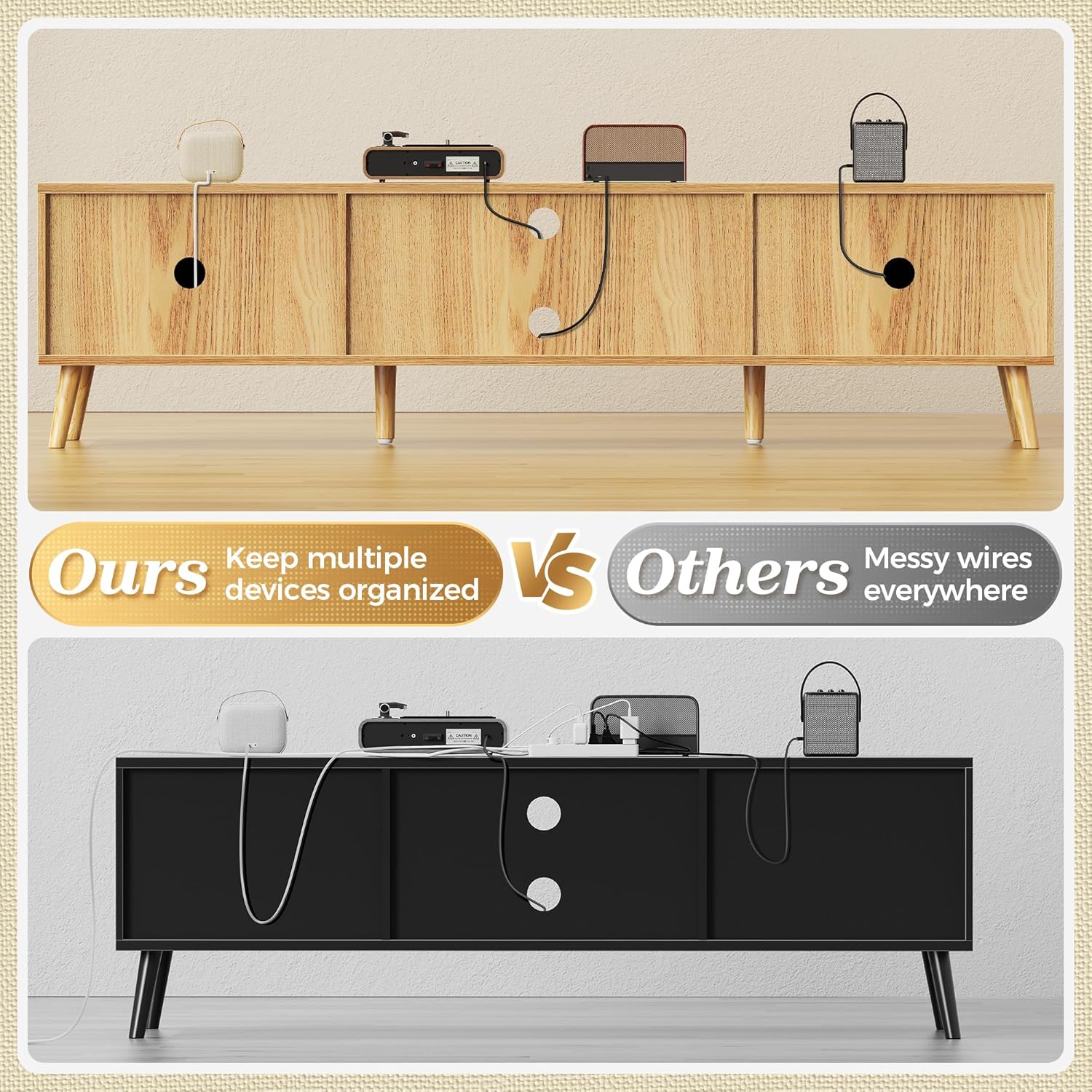 SUPERJARE 70.9 Inch Boho TV Stand for 75 Inch TV, Entertainment Center with Adjustable Shelf, Rattan TV Console with 2 Cabinets, Media Console, Solid Wood Feet, 4 Cord Holes, for Living Room, Natural