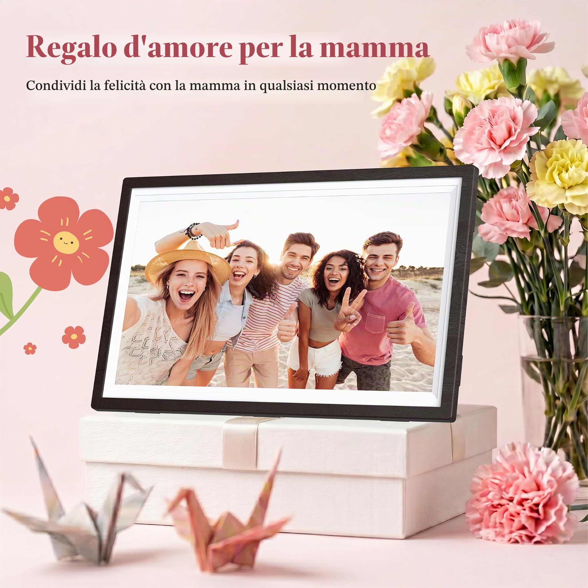 BYYBUO Cornice per foto digitale WiFi da 15,6 pollici, 1366 x 768 IPS Touchscreen, cornice digitale 32G noce marrone, condividere foto o video tramite l'app Frameo 2023