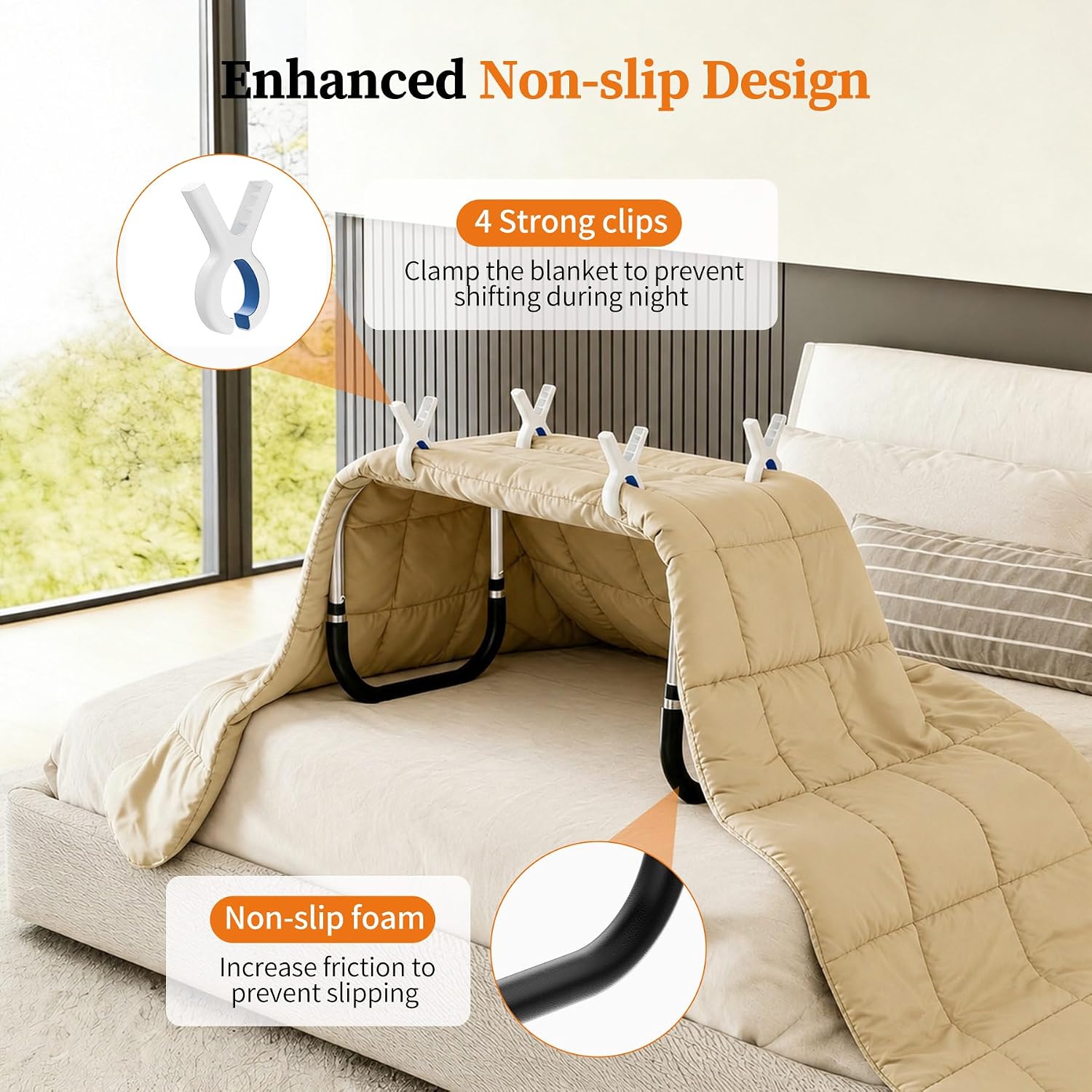 Blanket Lifter for Feet, Height Adjustable Blanket Lifters for Foot of Bed with Non-Slip Foam & 4 Quilt Clips, Aluminum Alloy Bed Cradle for Feet Surgery Recovery, Arthritis