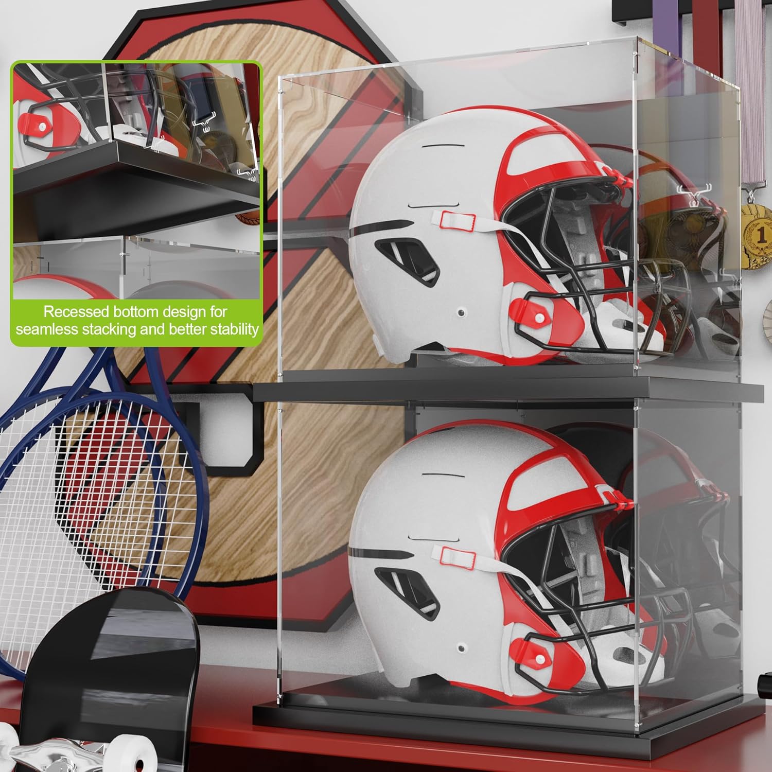 Putros Football Helmet Display Case Full Size with Mirror and Black Metal Grooved Base Clear Acrylic Helmet Showcase for Memorabilia Sports Collectibles