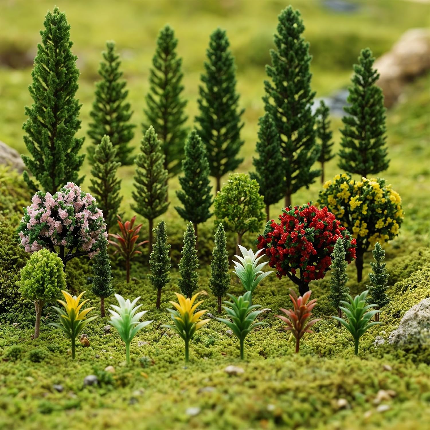 29 Pcs Mixed Model Trees, 1.3-5.3 Inch Garden Accessories Diorama Trees Mini Fake Flower Tree Miniature Tree Model Train Railroad Scenery for Crafts, Building Model, DIY Landscape, Natural Green