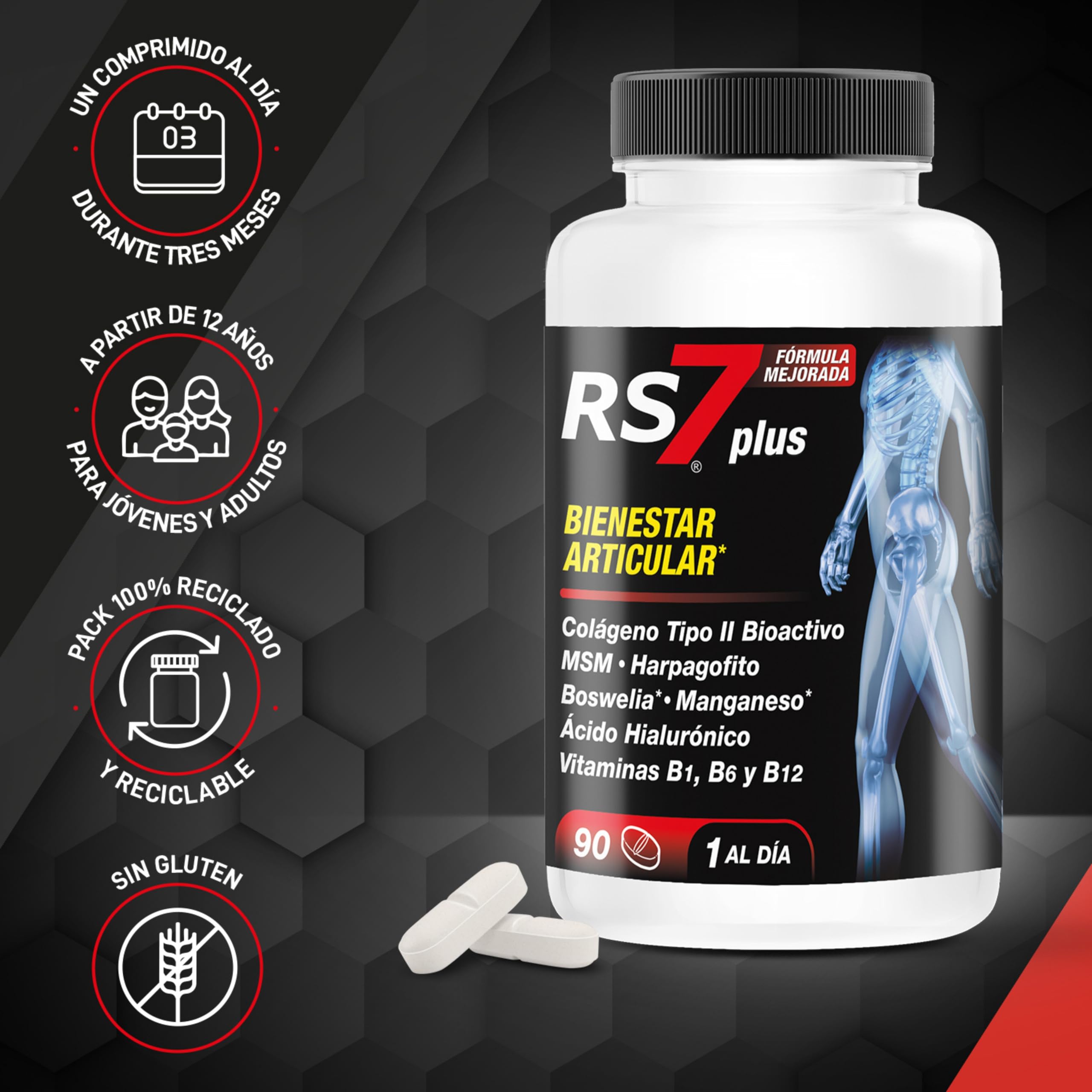 RS7 Articulaciones Plus | 90 Comprimidos | Colágeno tipo II, MSM, Boswellia, Harpagofito, Ácido Hialurónico, Manganeso y Vitaminas B1, B6 y B12