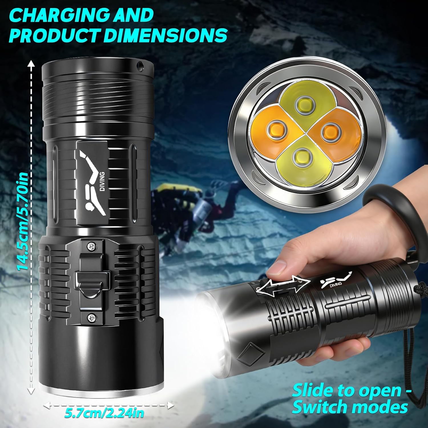 D026 Dive Light, 2000 Lumens, 6 Degrees Narrow Beam Angle, Push Type Magnetic Switch, 2 Lighting Modes, with Battery Indicator, for Underwater 200 Meters Diving