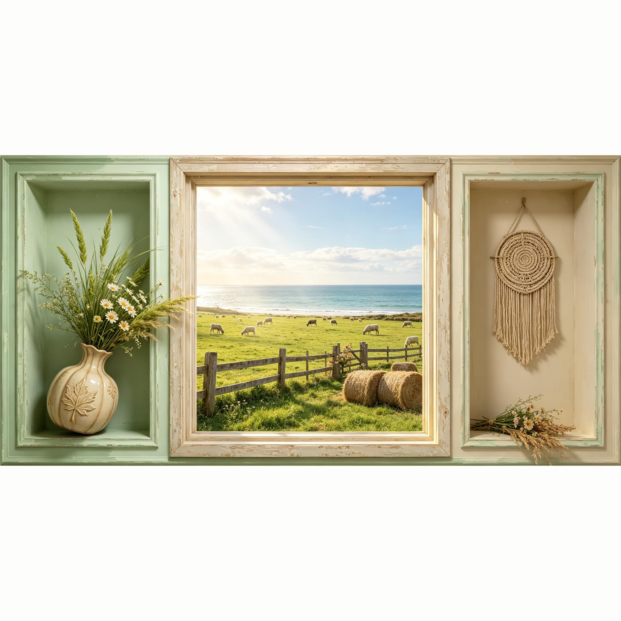 QZLITHOTIC 50x100cm 3D Framed Wall Art， Farmhouse Sheep Meadow Ocean View Self‑Adhesive Mural， Water‑Activated Peel & Stick Fabric Decor Wall Decal for Bedroom Living Room