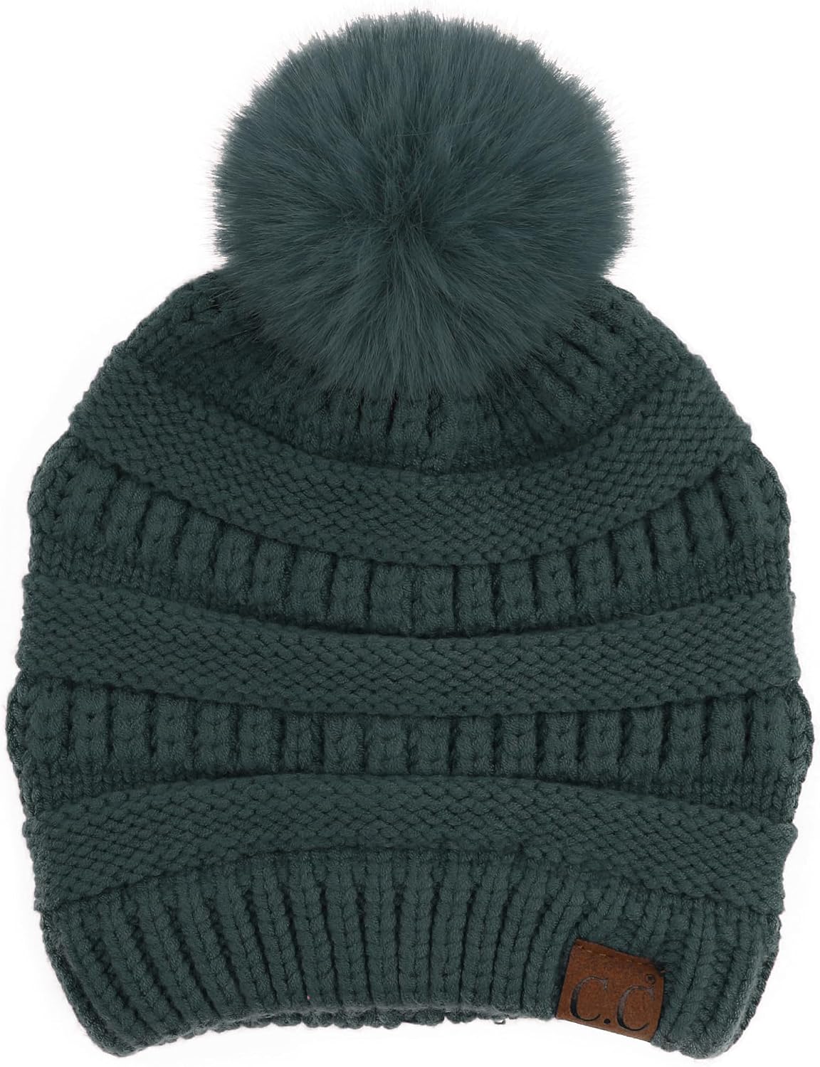 C.C Fur Pom Winter Fall Trendy Chunky Stretchy Cable Knit Beanie Hat
