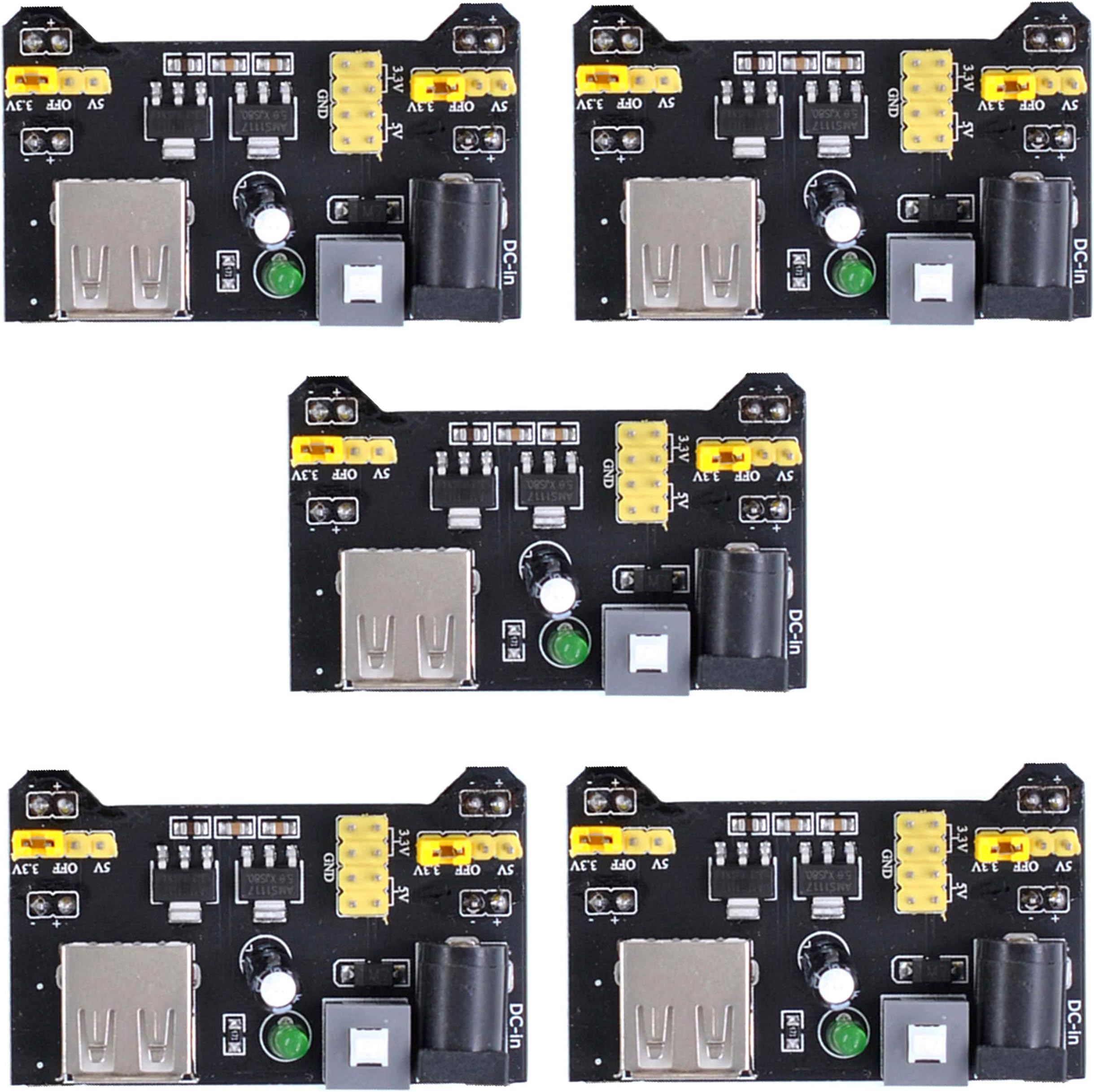Oiyagai 5pcs MB102 Breadboard Power Supply Module for Arduino, 3.3V/5V DC USB Regulated Power, 700mA Output for Solderless Prototype Projects