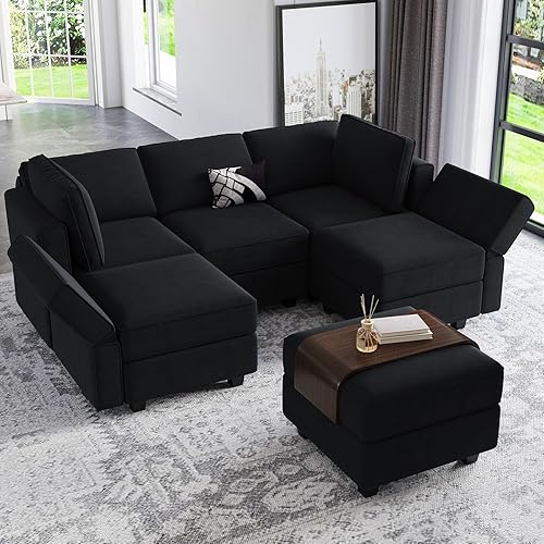 Miniatura 61 de Belffin - Sofá cama modular con otomanas, de terciopelo, reversible y con asiento con almacenamiento, color verde, forma de L-1 Negro