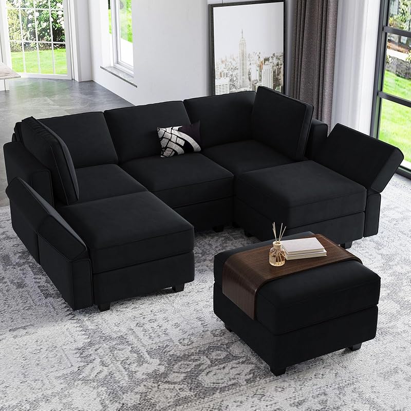 Belffin Modular Velvet Sectional Sofa with Chaise Lounge Sectional Sleeper Sofa with Storage Chaise Sofas Bed Couch for Living Room Black image 5