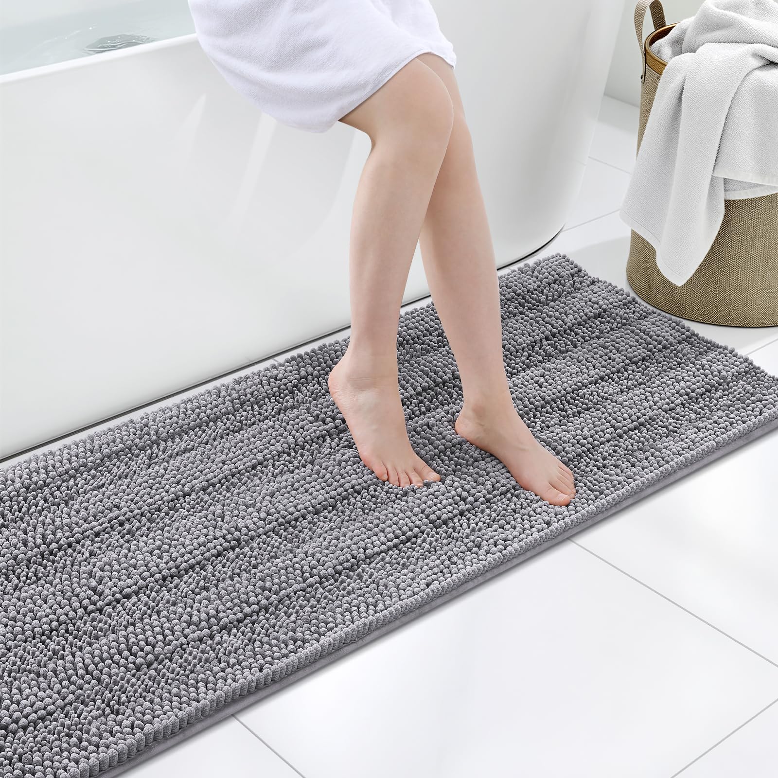 Grandaily Chenille Bathroom Rugs 47x20, Soft Absorbent Bath Mats, Grey