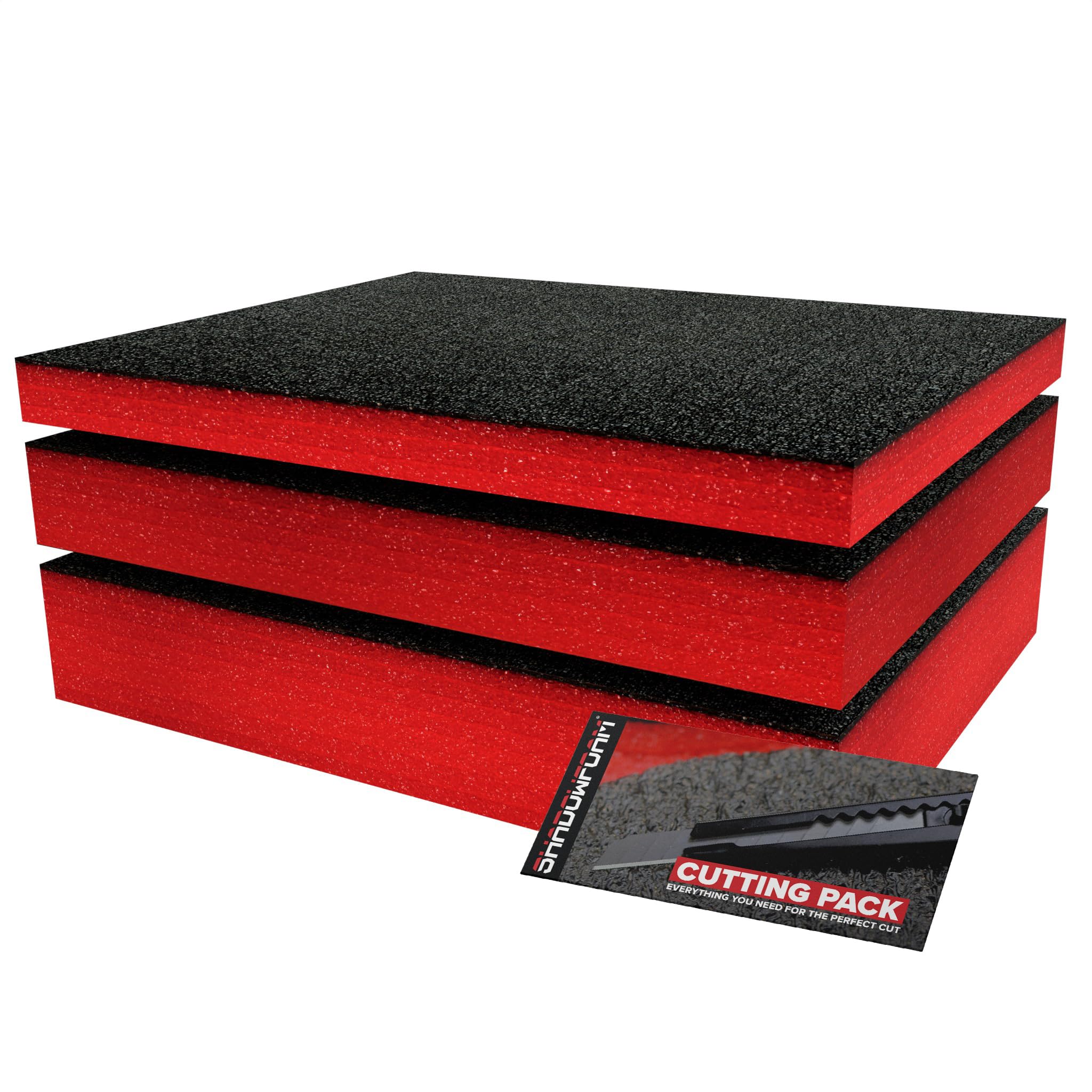 Shadow Foam Small Pack 3pcs – Foam Inserts Kit for Tool Box Organisation – 40 x 32cm DIY Cut & Peel Foam Sheets for Tool Boxes & Tool Storage Systems – Red Mixed Pack (30, 50 & 70mm Depth) — image 1