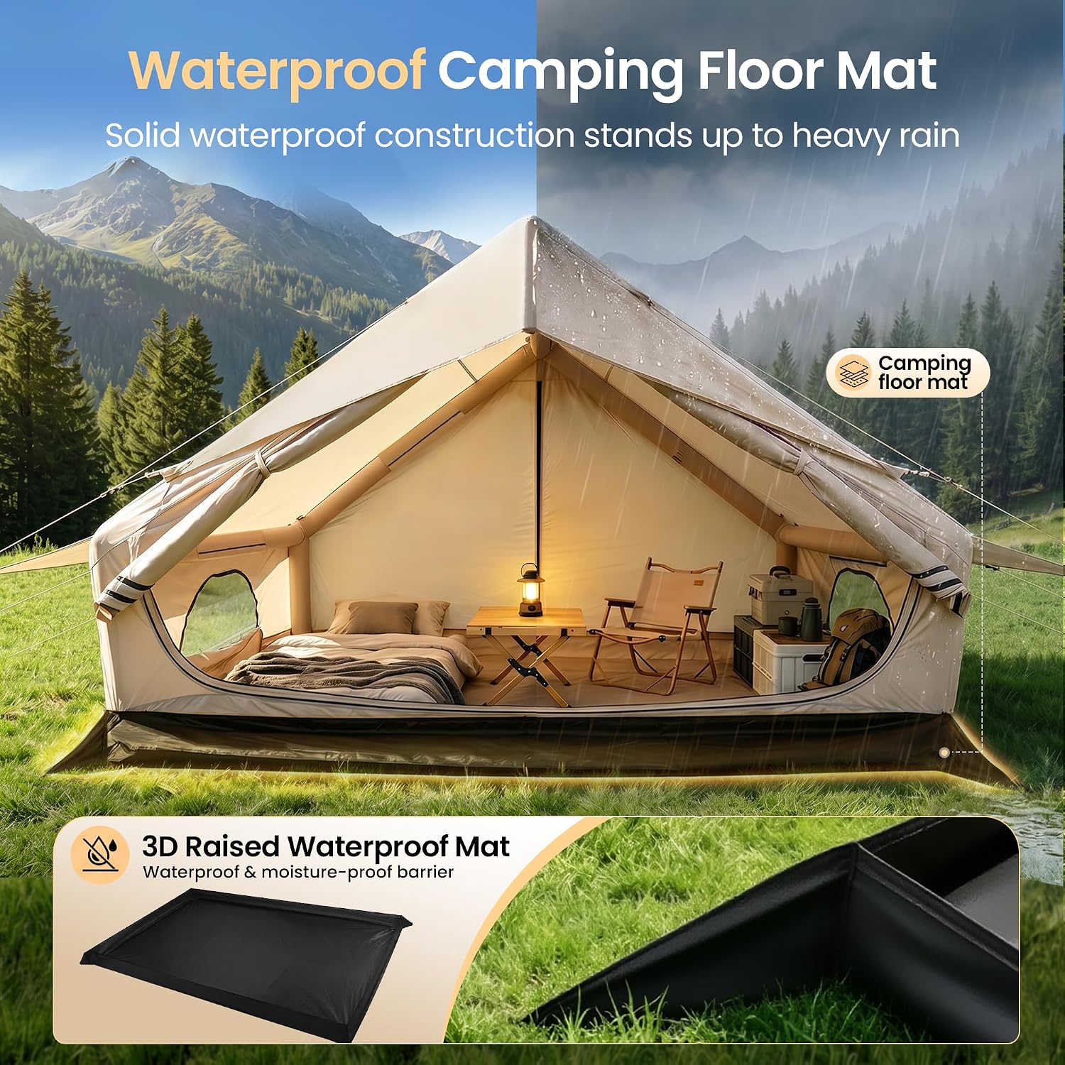 4-6 Person Inflatable Tents with Skylight for Camping,4 Season Blow up Camping Tent with air Pump,Waterproof Camping tarp and Stove fire mat