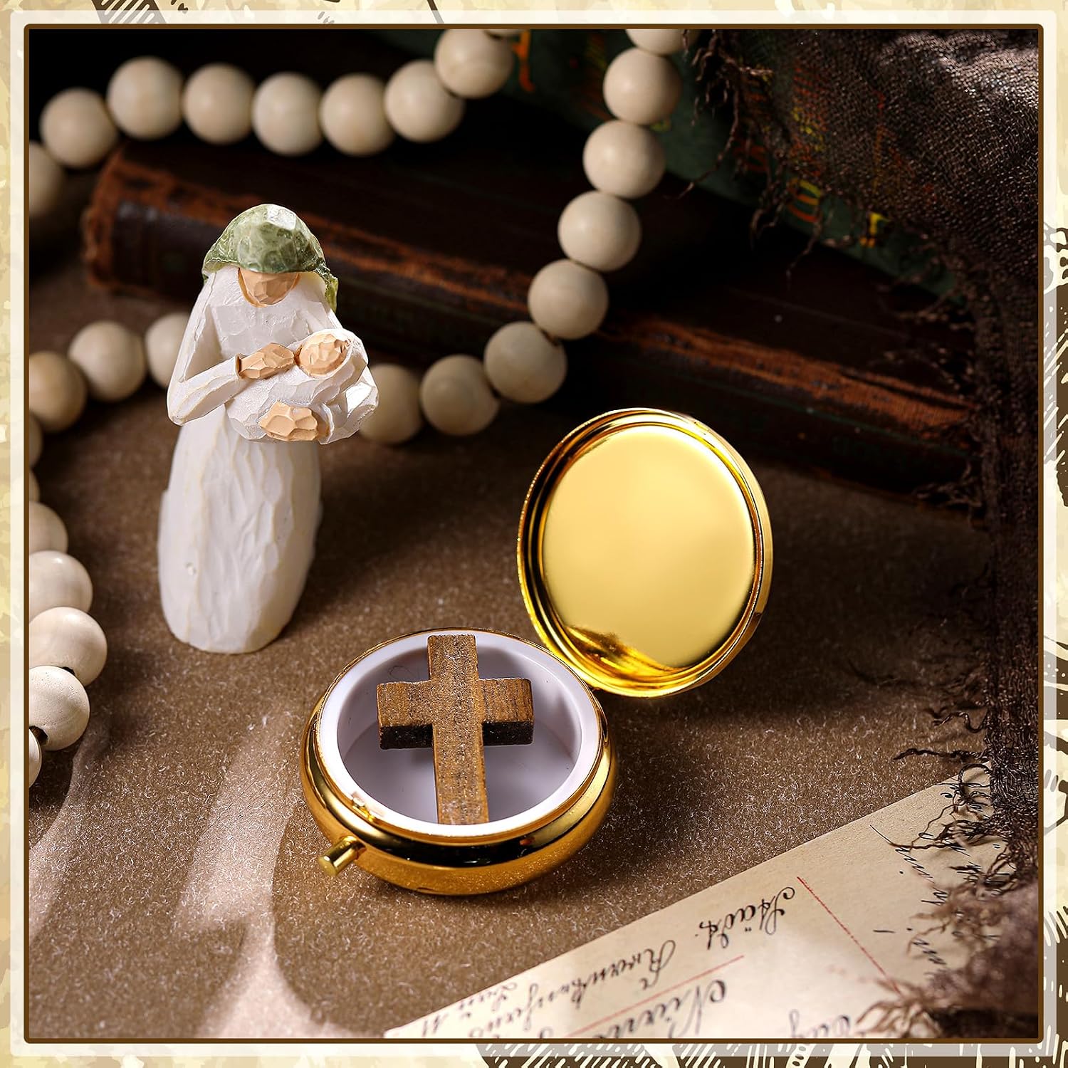 Weysat Pyx for Communion Host Catholic Polished Gold Brass Latin Cross Pyx/keepsake Box for Holy Communion Priests Deacons Eucharist Holy Gift,1.97 Inch(Classic)