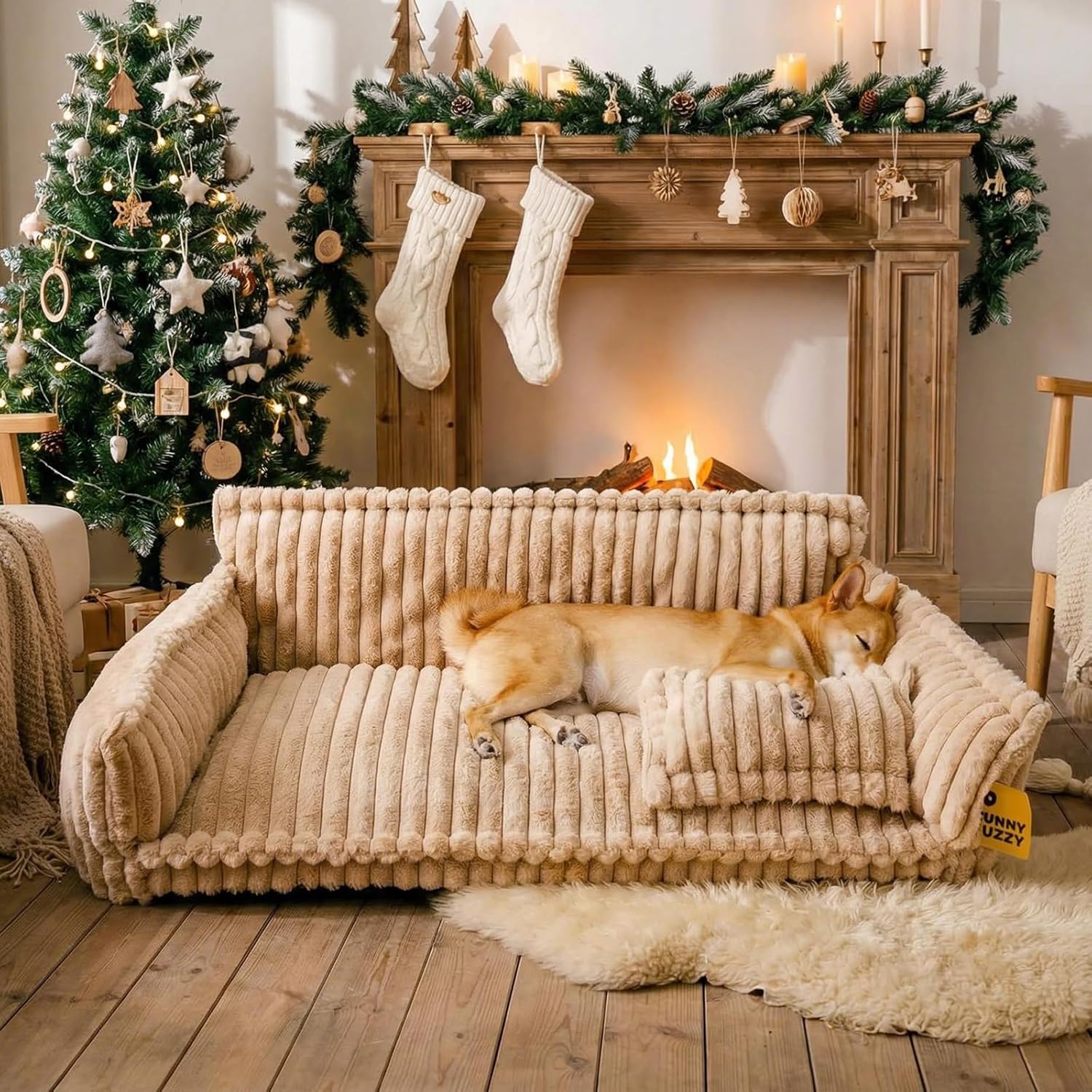 FUNNY FUZZY Dog Bed Orthopedic & Fluffy Dog Couch Bed, Corduroy Fleece Pet Beds Washable, Supportive Foam Pet Sofa Bed with Removable Zipper Cover – Snoozy Dream, Camel, XXL