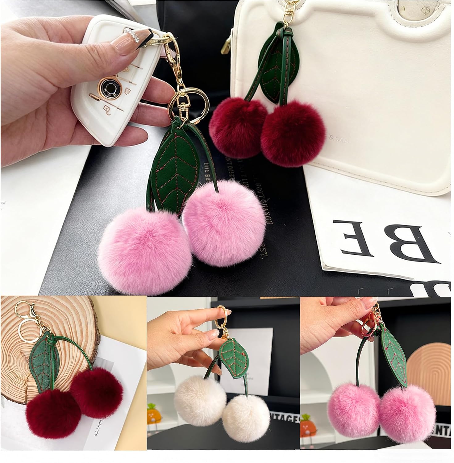 Cherry Pom Pom Bag Charm, Faux Fur Plush Cherry Keychain for Women Girls