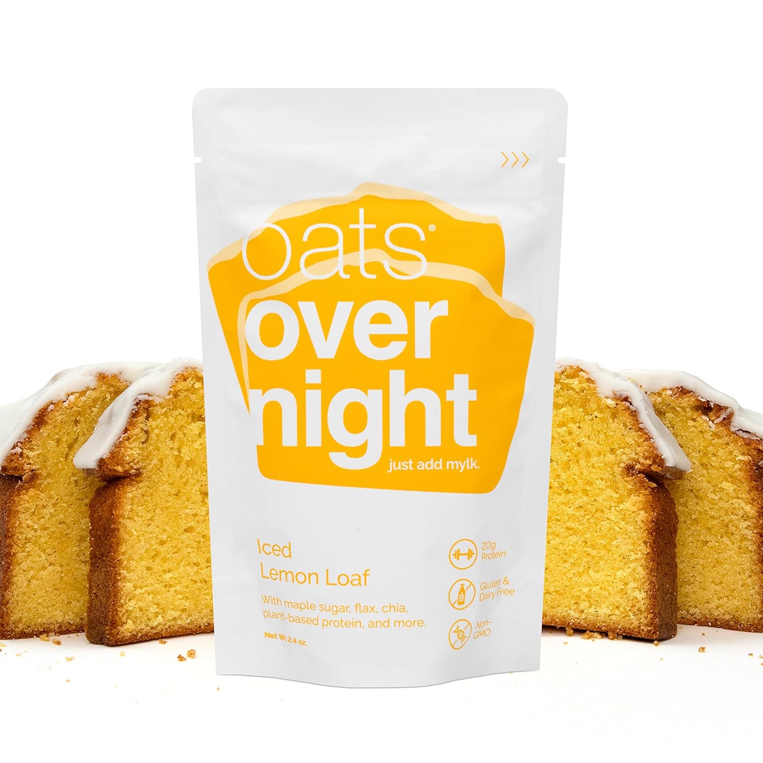 Oats Overnight Iced Lemon Loaf - Overnight Oats with 20g Vegan Protein, High Fiber Breakfast Protein Shake - Gluten Free Oatmeal, Non GMO High Protein Oatmeal (2.4 oz per Meal) (8 Pack + Bottle)