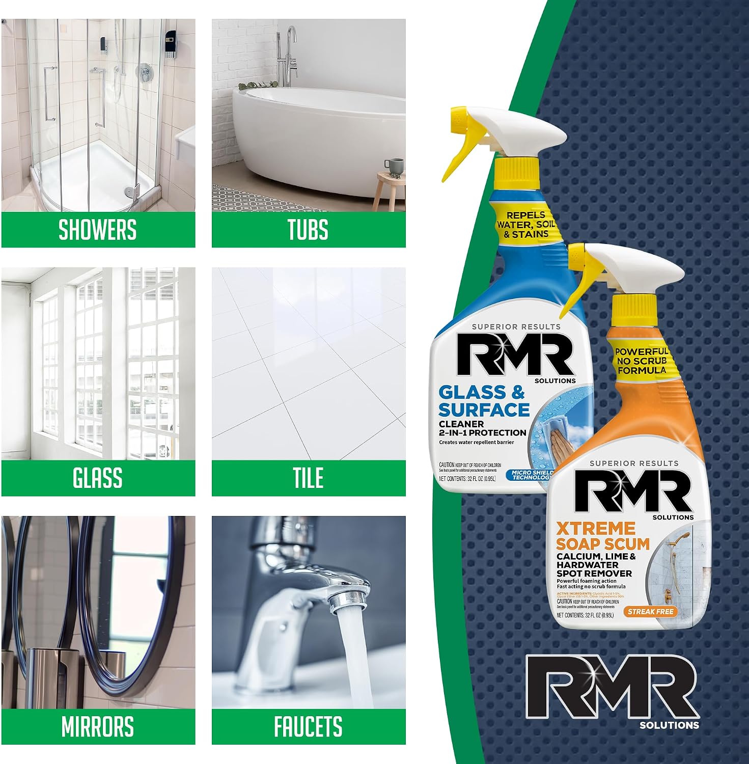 RMR Shower Shield Power Pack – Glass & Surface Cleaner/Repellent + Xtreme Soap Scum Remover, Multi-Surface Cleaning Kit for Bathroom, Tile, Glass, & Surfaces, 2–32 Oz Bottles