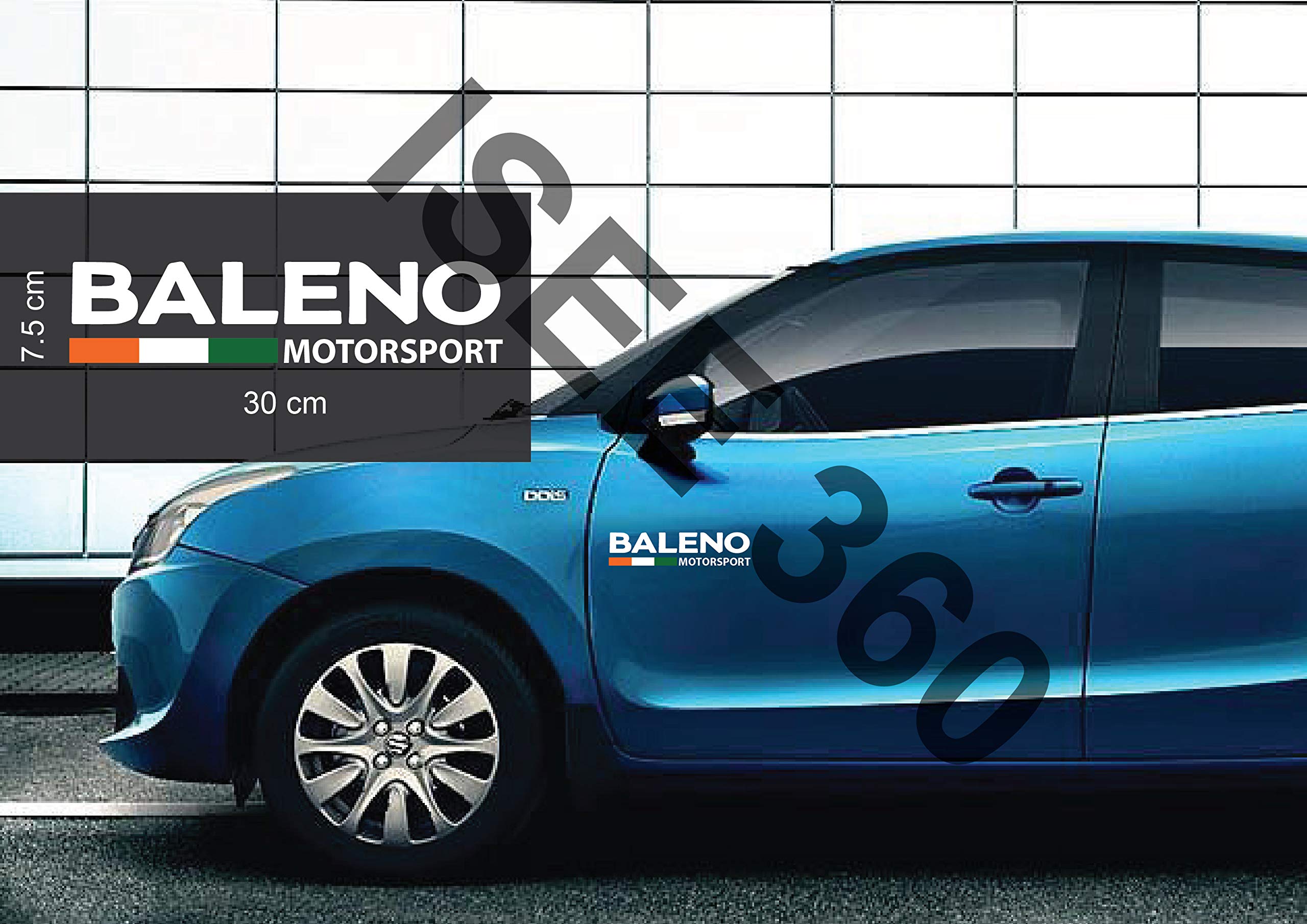 ISEE 360® Suzuki Baleno Sticker for Car Exterior Door Sides Windows Baleno Motosport White Decals L X H 30 X 7.5 Cms