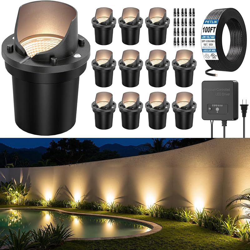 All-in-One Low Voltage Landscape Lighting 12W Outdoor Well Lights | In-Ground Lights IP67 Waterproof with Transformer 100FT UL Listed Wire, 2700K Pathway Lighting for Yard Garden Wall, 12 Pack