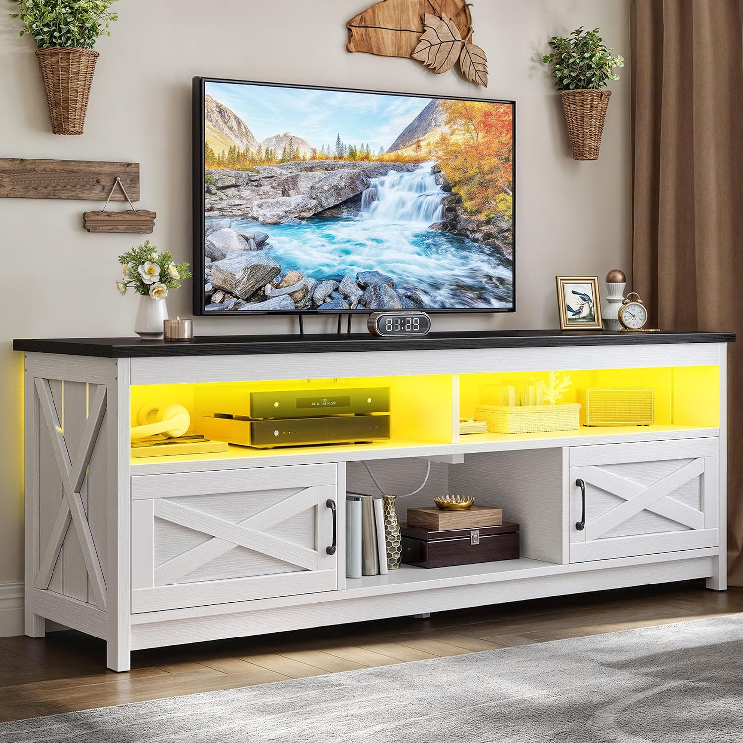 YITAHOME Farmhouse TV Stand with LED lighting and open shelves, supporting a large television.