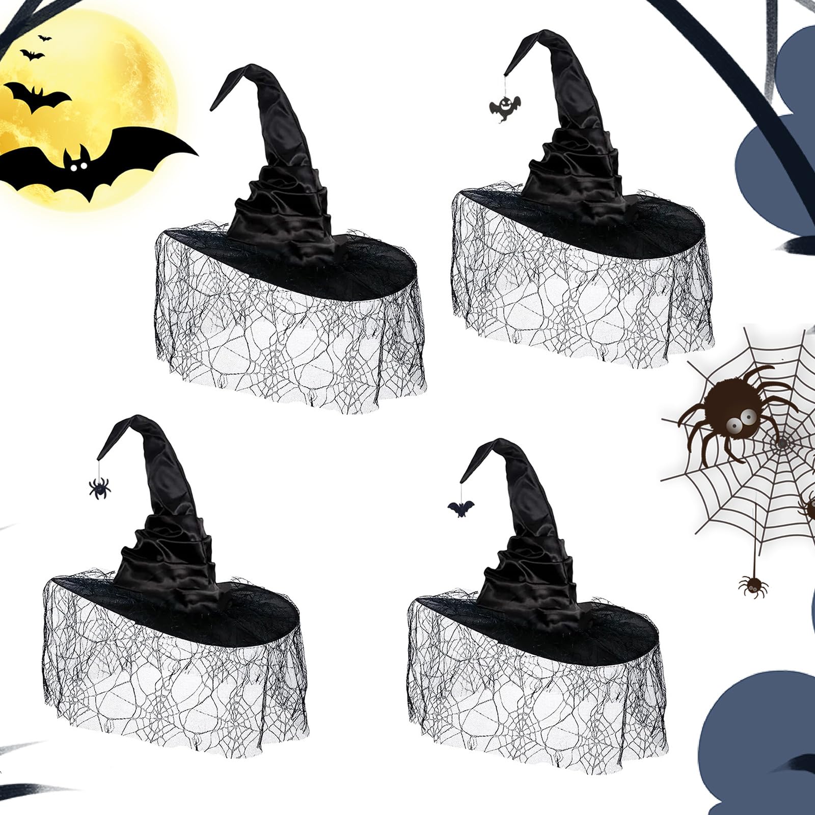 EPIPHQNY Beanie, Halloween Witch Hat with Mesh Spiderweb Wizard Hat Unisex Pointed Witch Caps Teens Cosplay Costume Headpiece