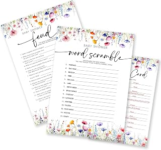Baby Shower Feud & Word Scramble Theme Baby Shower Game Activities- 25 Wildflowers Game Cards(5’’x7’’) & 1 Answer Card(4”x6”) For Boys Girls-Decor & Supplies For Gender Neutral Party-E05