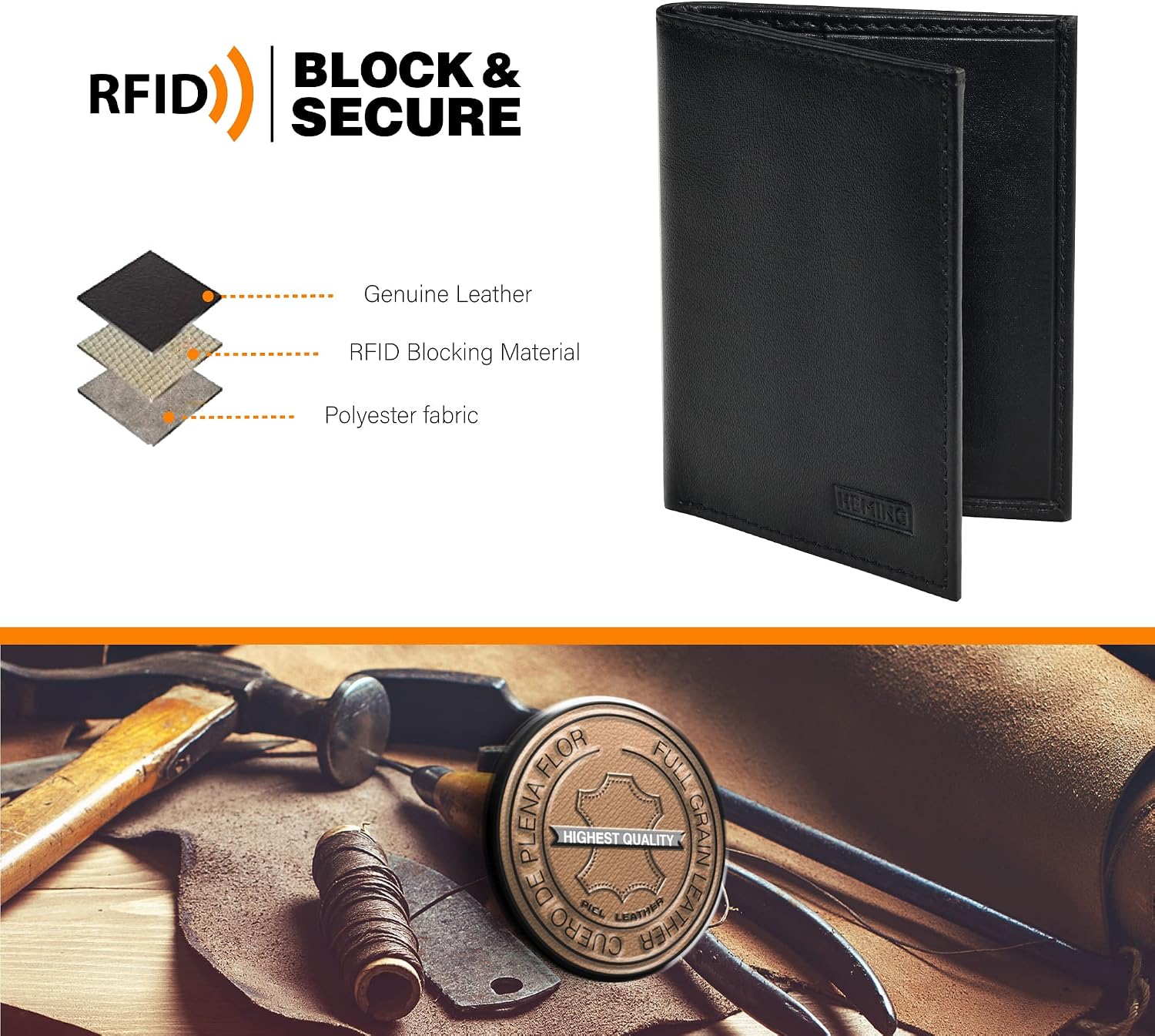 HEMING RFID Blocking Leather Wallet for Men, Black Genuine Leather, Multi Card Slots with RFID Protection Technology, Slim Bifold Design image 3