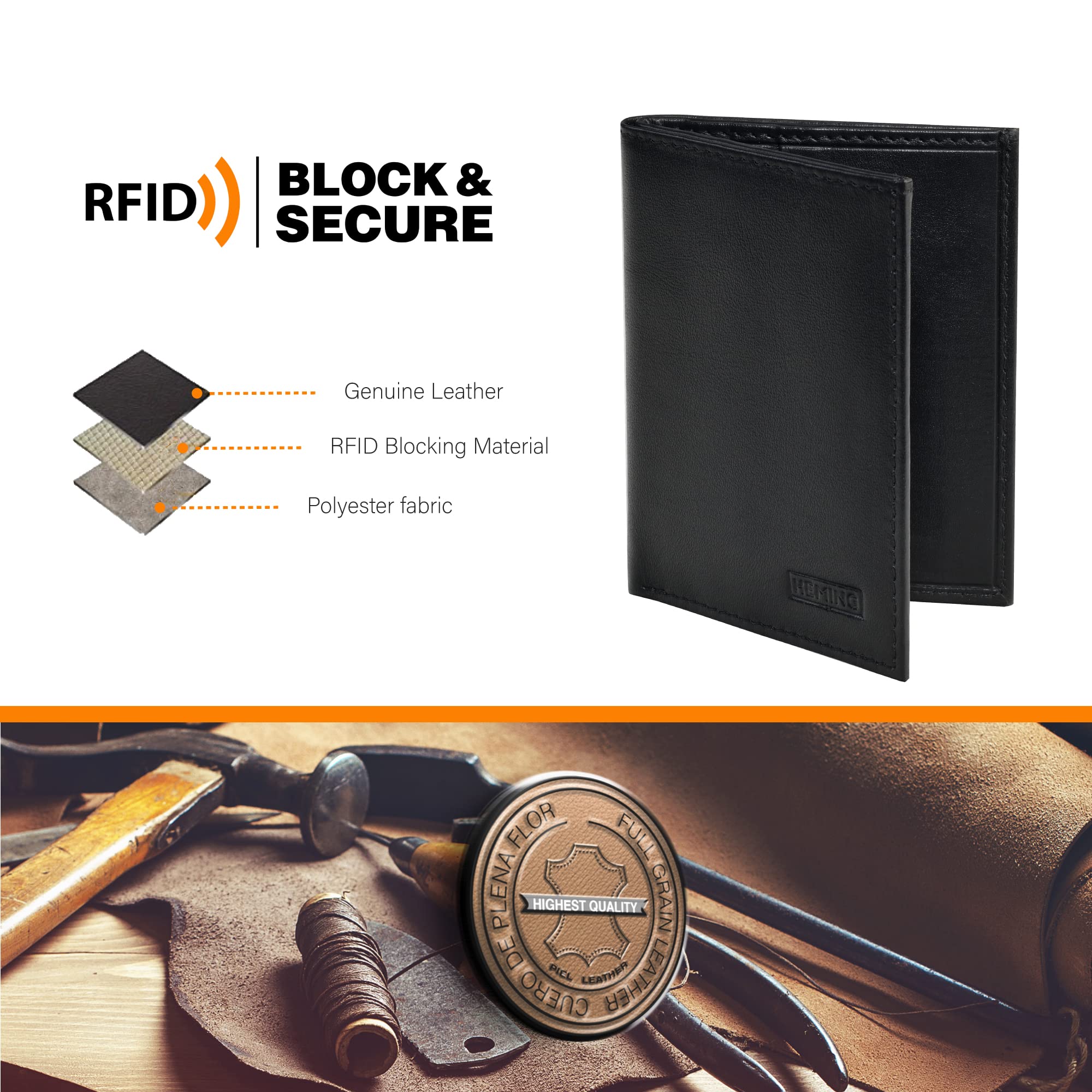 HEMING Cartera Delgada para Hombre, Soporte Minimalista para Tarjetas de crédito, Capacidad para hasta 12 Tarjetas y Billetes, Tarjeta de crédito y Billetes de Banco de Piel auténtica Suave, Cartera