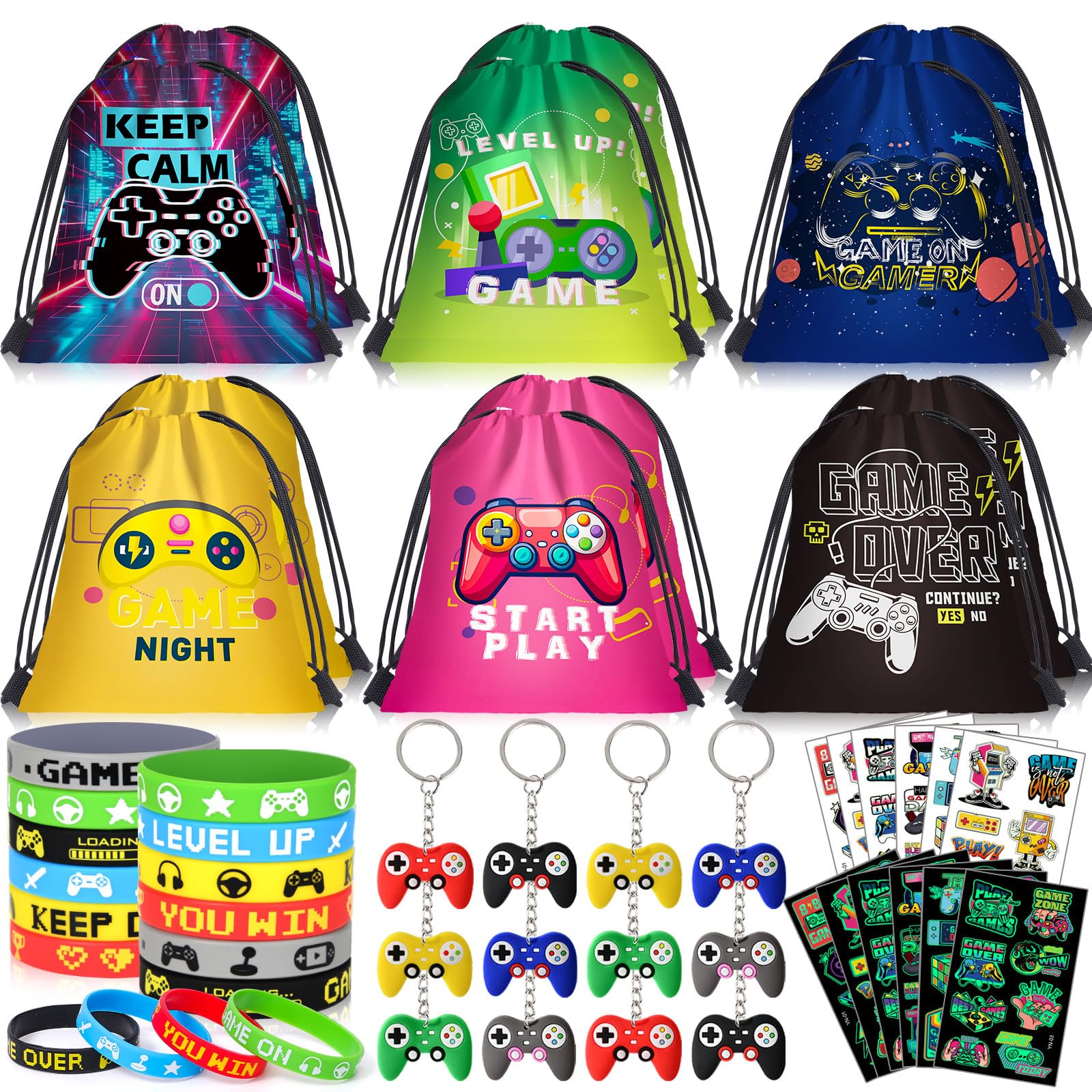 naygnahz Video Game Party Favors Kids Gamer Birthday Party Supplies Drawstring Bag Silicone Bracelet Glow in Dark Tattoo Sticker Keychain Gamer Party