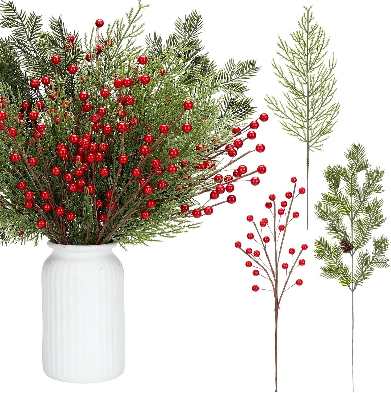 Tigeen 30 Pcs Christmas Artificial Pine Branches with Berry Stems 16 Inch Christmas Greenery Stems with Pinecones Faux Cedar Pine Needles Picks for Xmas Tree Vase Wreath Garland DIY(Red)