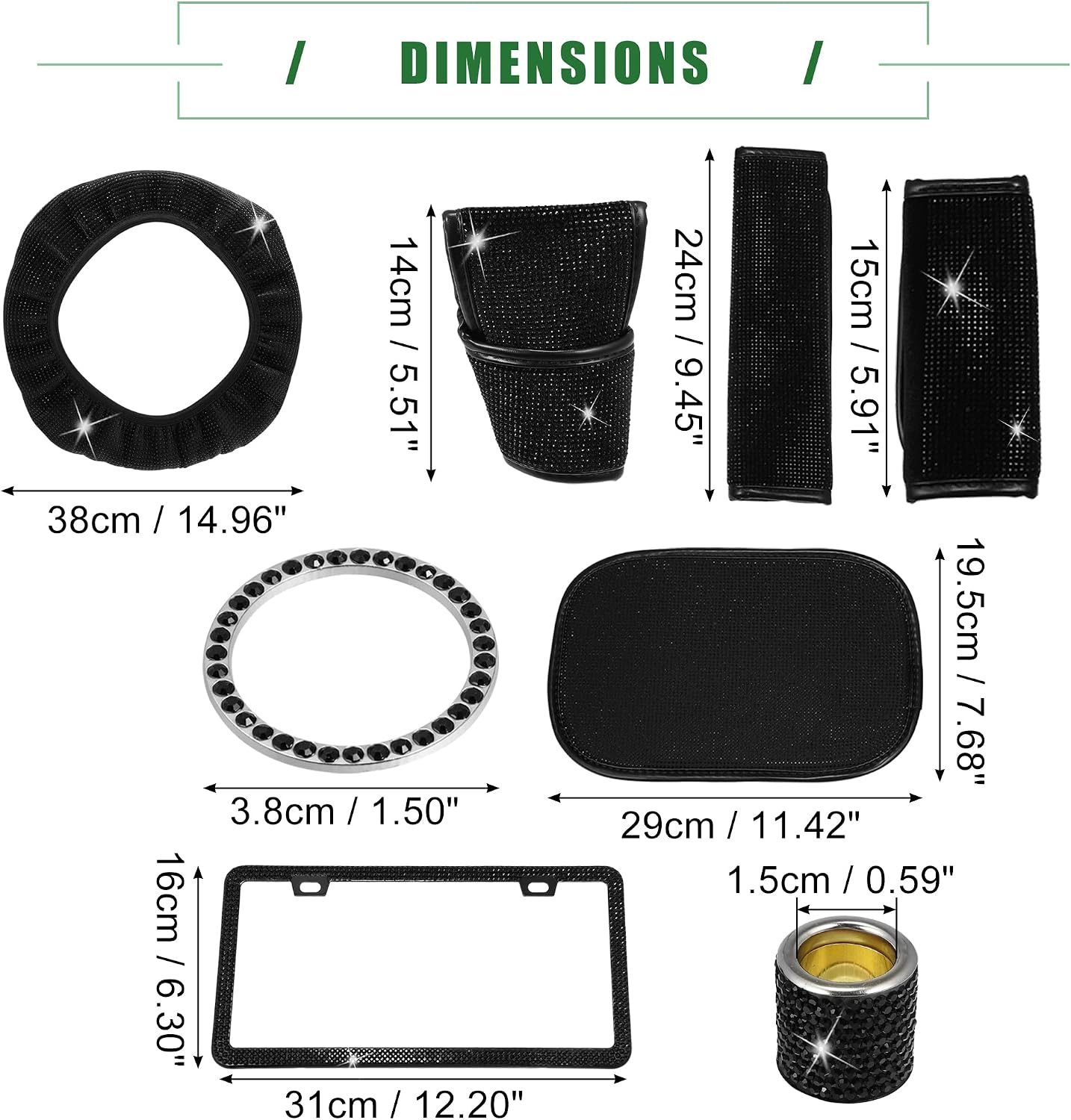 Motoforti Universal Interior Accessories Set for Women, Rhinestone Bling Steering Wheel Cover for 15 Inch, License Plate Frames Seat Belt Cover, PVC Rhinestone, Black, 13Pcs