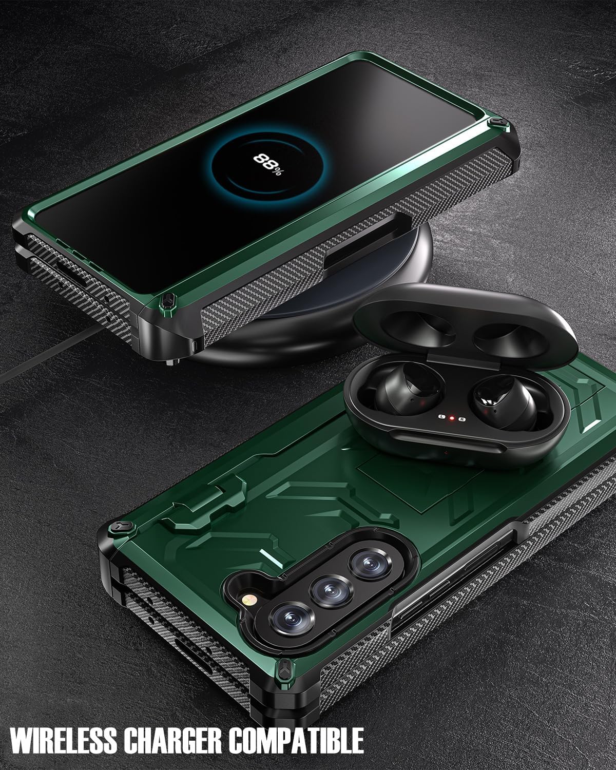 Rugged Armor Case for Samsung Galaxy Z Fold 5, Hinge Protection, S Pen Holder, Kickstand, Built-in Screen Protector, Drop Protection for Z Fold 5, Wireless Charging Compatible (Green)