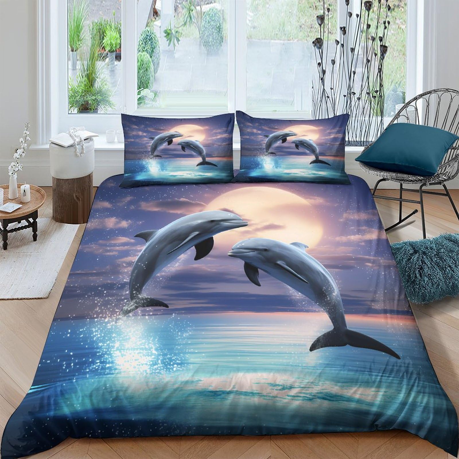 Ctjqhvkz Style-8 3D Printed Dolphin Sunset Fitted Sheet Microfiber Bedroom Decor Ocean Mattress Cover For Home Dorm Guest Room Single（135X200cm）