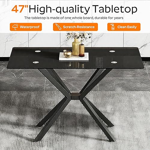 Miniatura 7 de Juego de mesa de comedor de cristal negro de 7 piezas, mesa de cocina rectangular clásica de lujo de 47 pulgadas con 6 sillas de respaldo alto