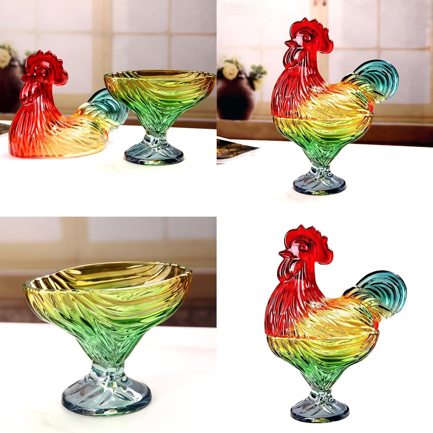 Peiiwdc Crystal Glasses Cocks on Nest Candy with Lid Retro Bowl, Jar Table Decorations for Home Kitchen Covered Bowl