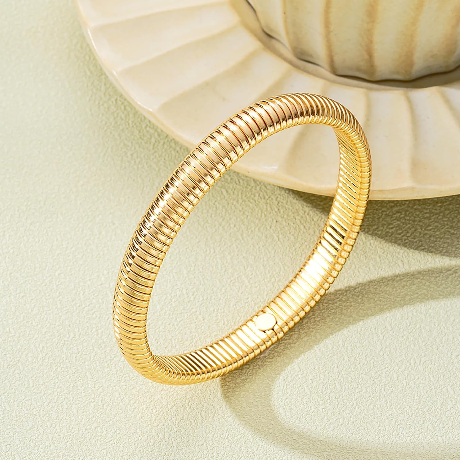 Gold Bangles, Chunky Stretch Bracelets, Gold, 14K Gold Plated Stainless Steel, Women's, Designer Look Alike Jewelry, Adult, Medium, 10 grams, 2 inches - Image 6