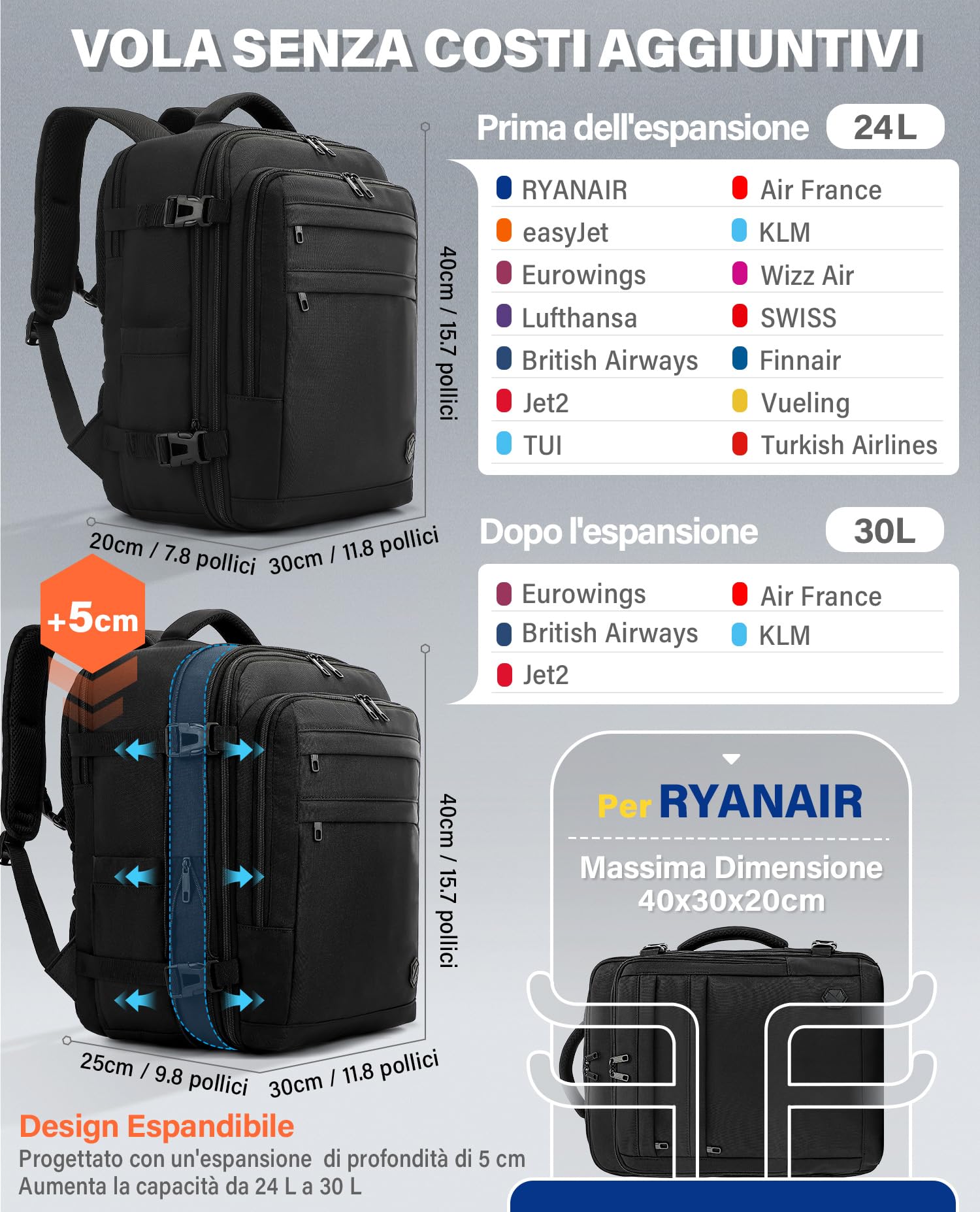 VANKEV Zaino da Viaggio Aereo per Ryanair EasyJet Eurowings Wizz Air Espandibile 40x30x20 a 40x30x25, 24L a 30L, Bagaglio a Mano Per Viaggi Adatta a Laptop da 15,6 Pollici nero
