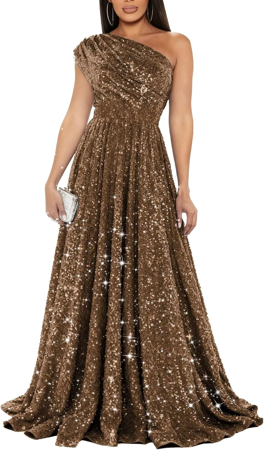 One Shoulder Sequin Prom Dresses for Women Sparkly Maxi Ball Gowns Ruffles Evening Dress ZU061