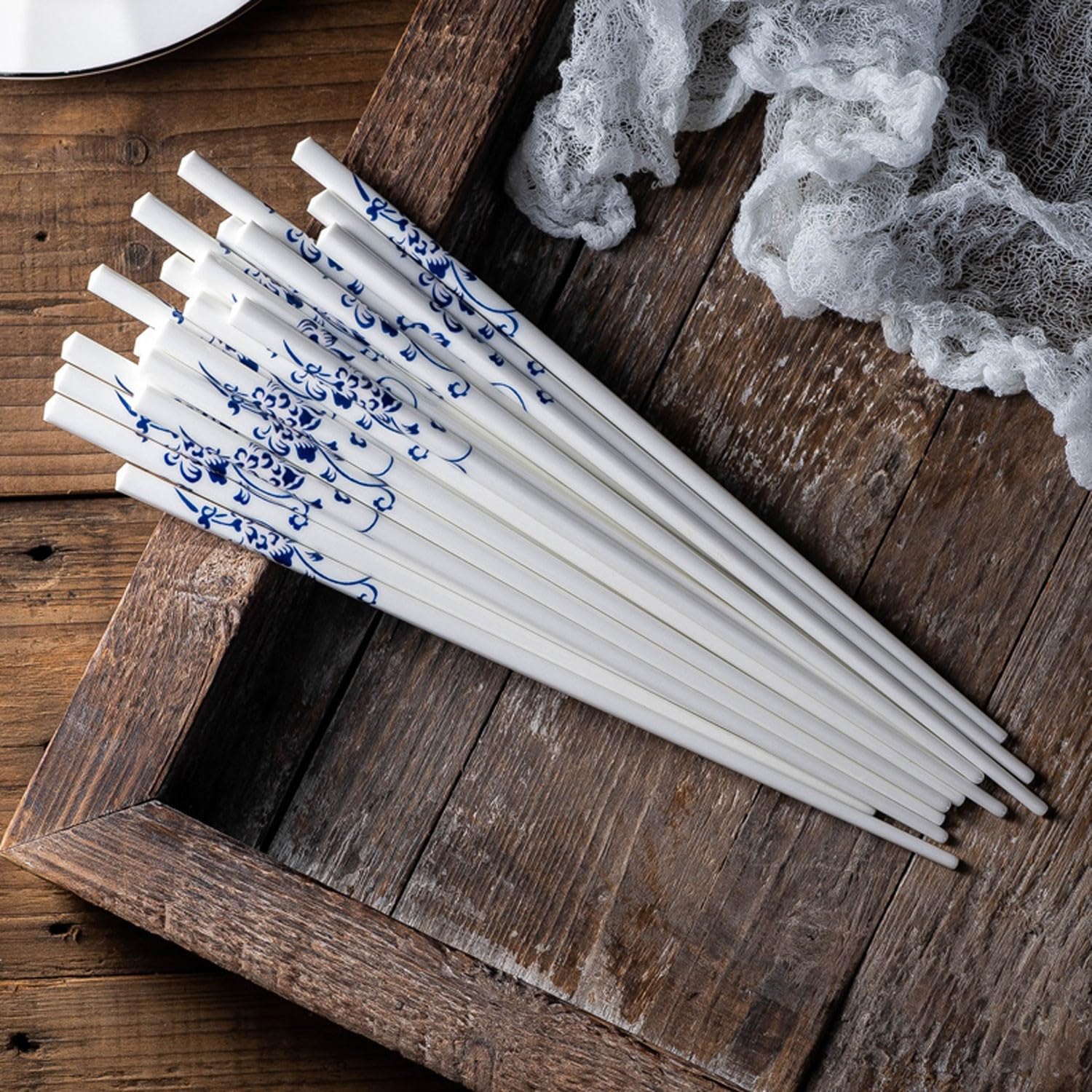 Baguettes en Bois, 24 cm, en céramique, Bleu et Blanc, pour la Maison(2 Paires 24cm)