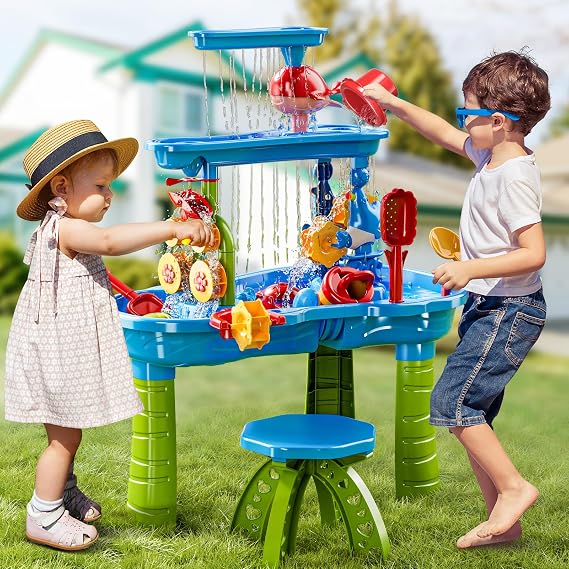 3-Tier Water Table for Kids Toddlers Ages 2 3+ 4-8, Outdoor Summer Beach Sensory Play Activity Toys, Water Pool Table, Birthday Gifts for Boys Girls