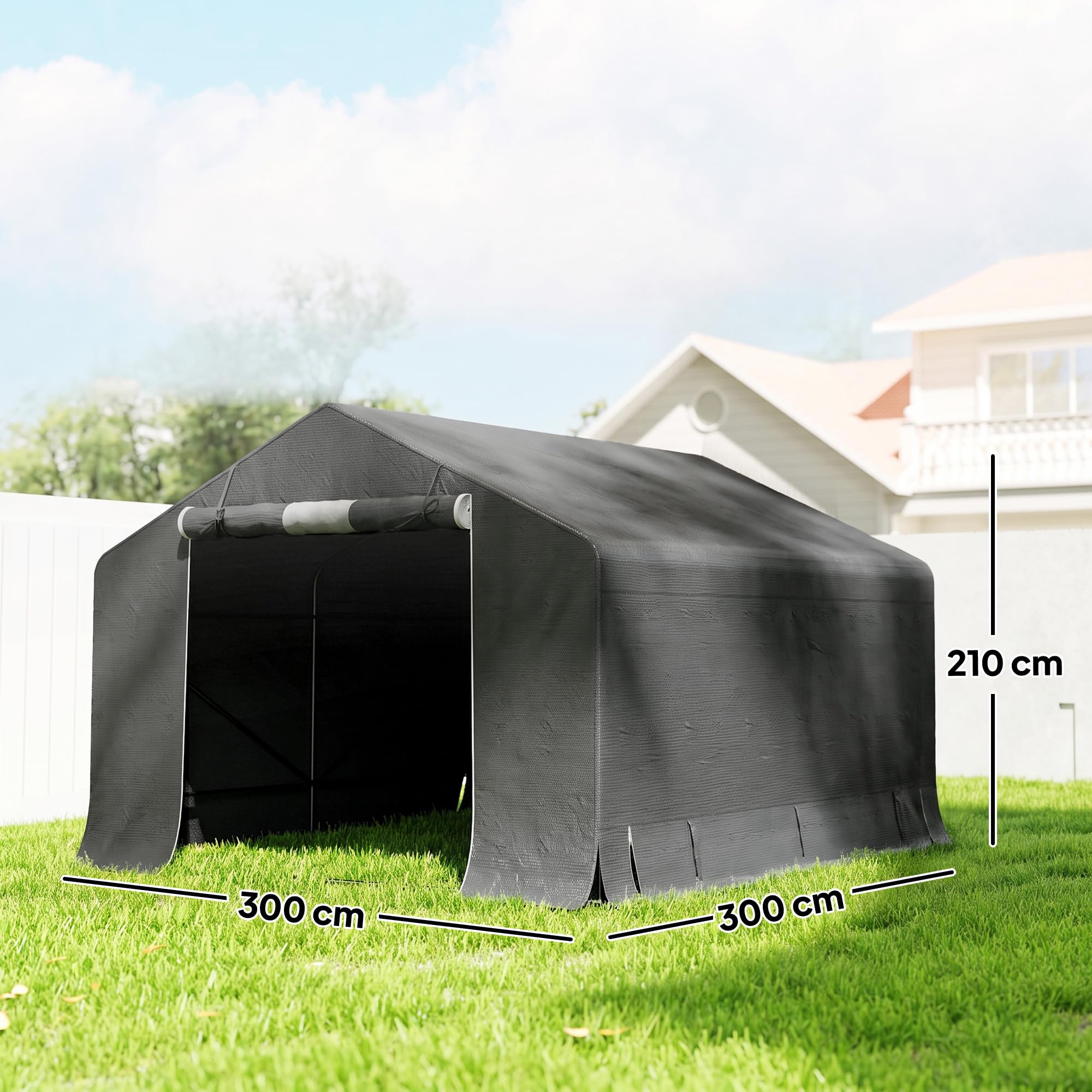 Outsunny Garage Moto per Esterno 3x3m Tenda Garage Impermeabile GrigioScuro | Porta Avvolgibile, Prese d'Aria, per Biciclette e Attrezzi, Metallo e Tessuto PE Anti UV
