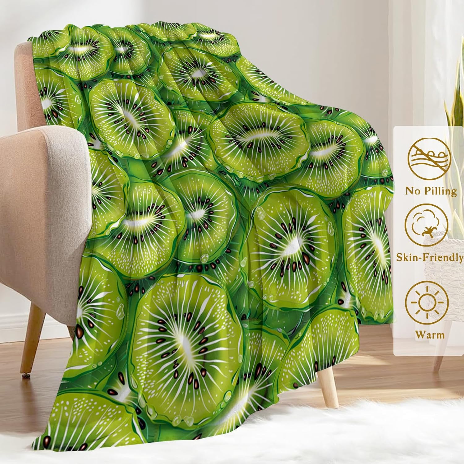 Fresh Kiwifruit Throw Blanket 50x60 in, Fresh Green Kiwi Fruit Blankets for Couch Bedroom Living Room Indoor Decor, Lightweight Soft Cozy Bedding Birthday Gift for Kids Boys Adults