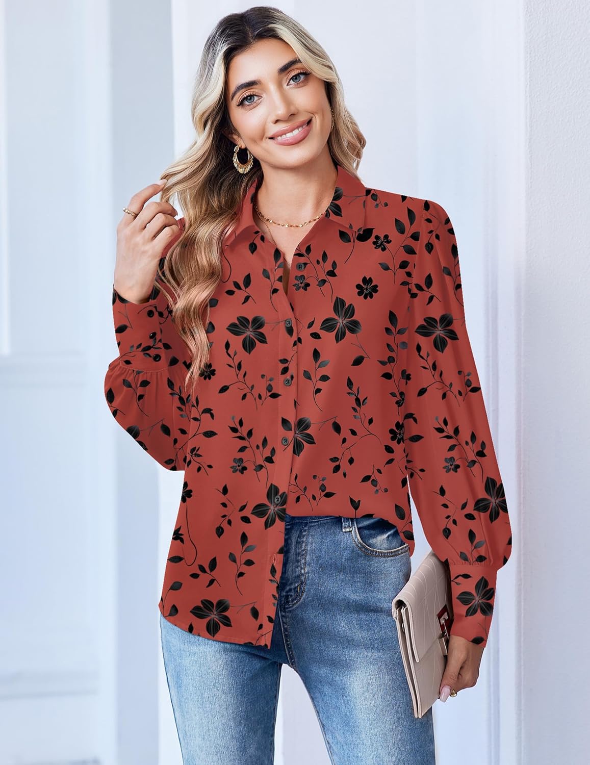 Zeagoo Women Button Down Shirts Lantern Long Sleeve Tops Business Casual Chiffon Blouses Trendy Work Clothes - Image 3